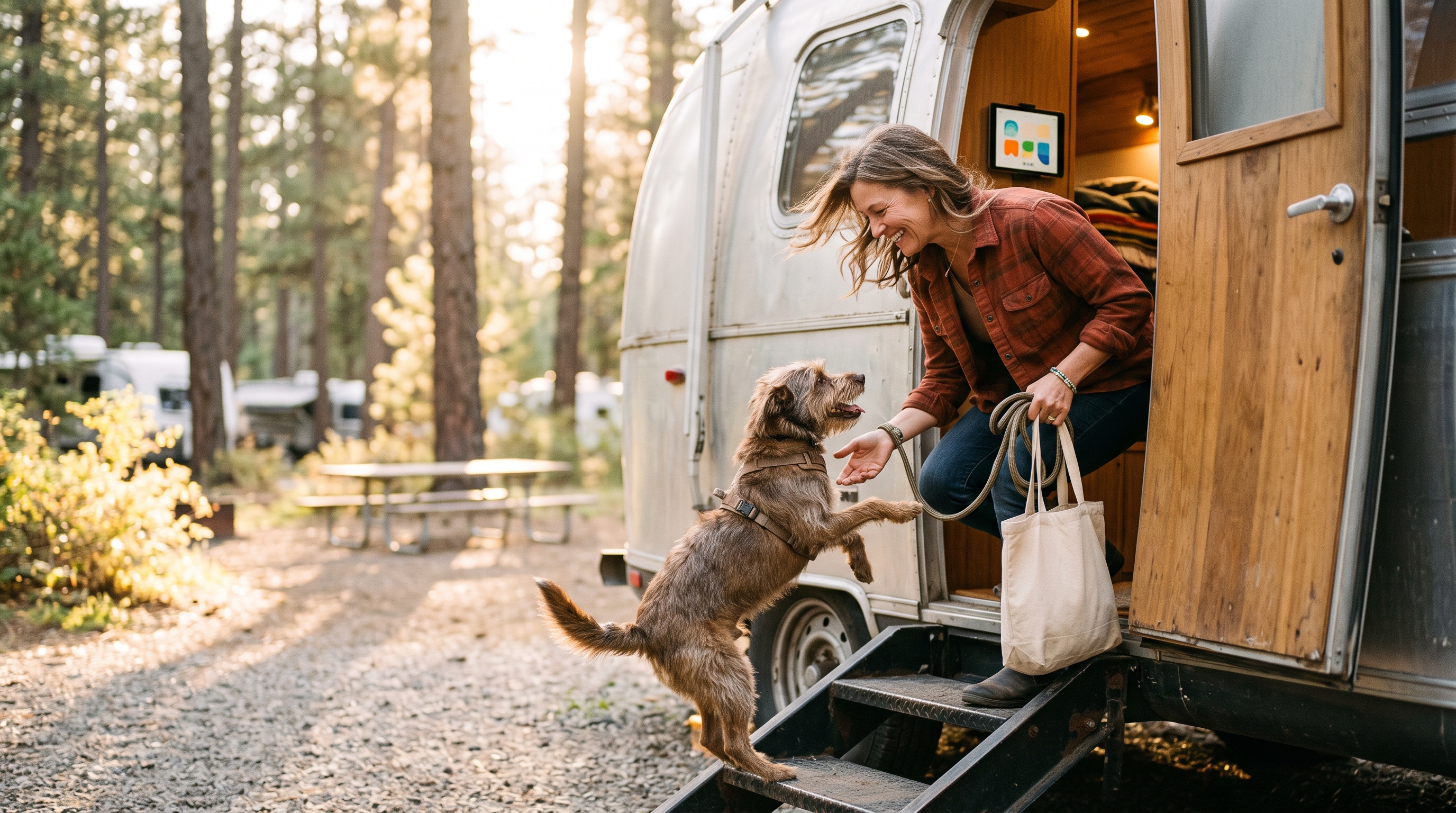 Owner returning to the RV at golden hour, dog greeting at the door