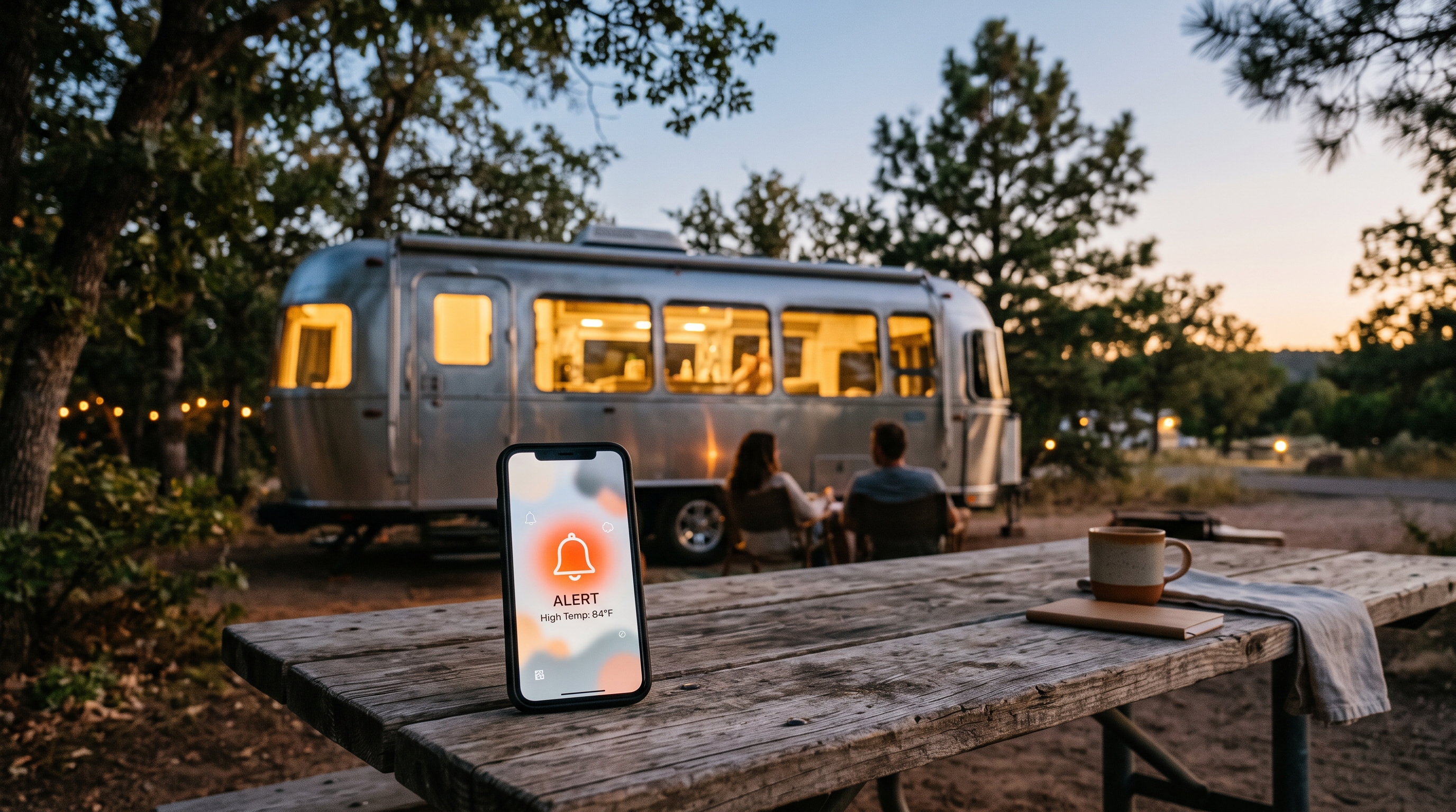 RV at dusk with a temperature alert on a phone in the foreground