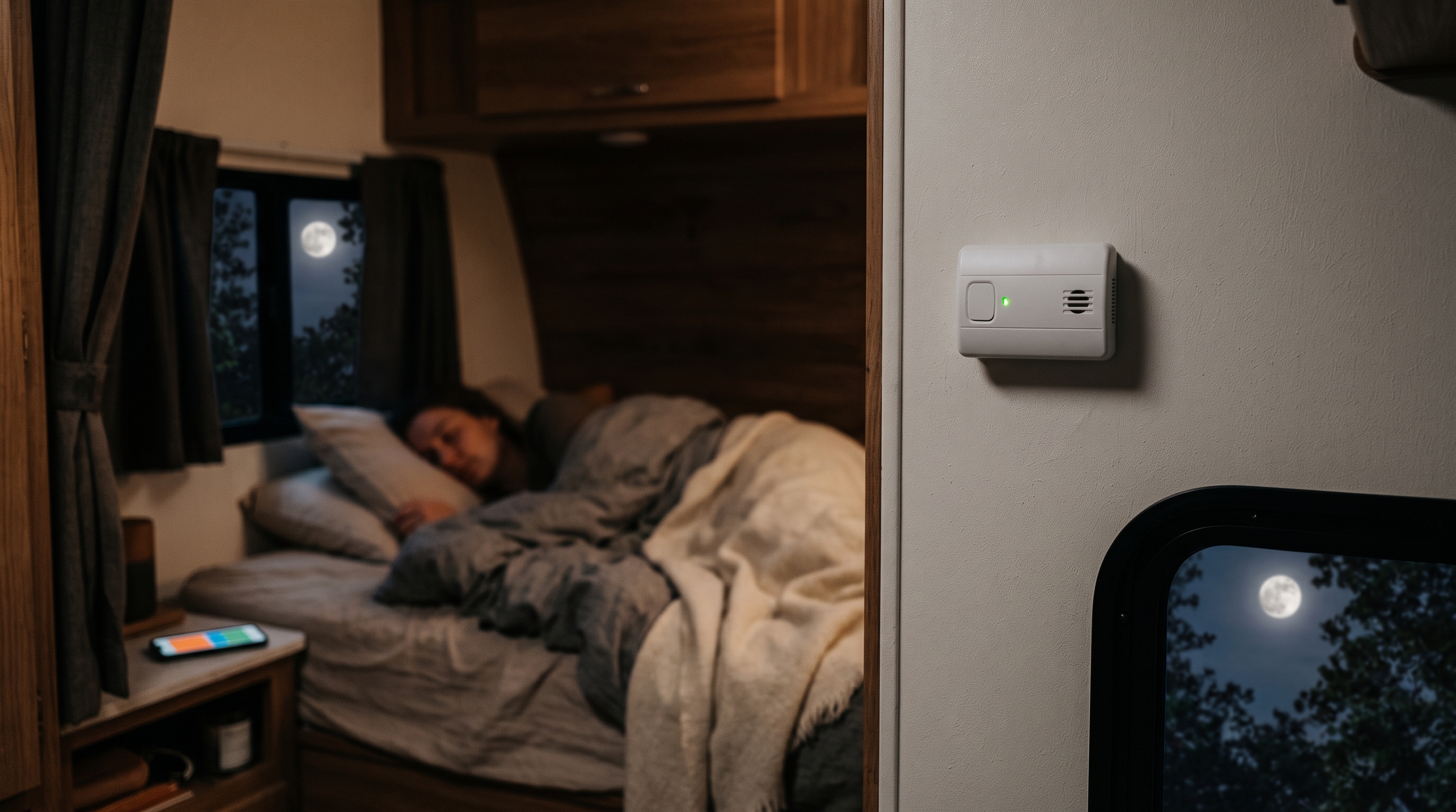 RV bedroom at night with a CO detector's green power light on the wall