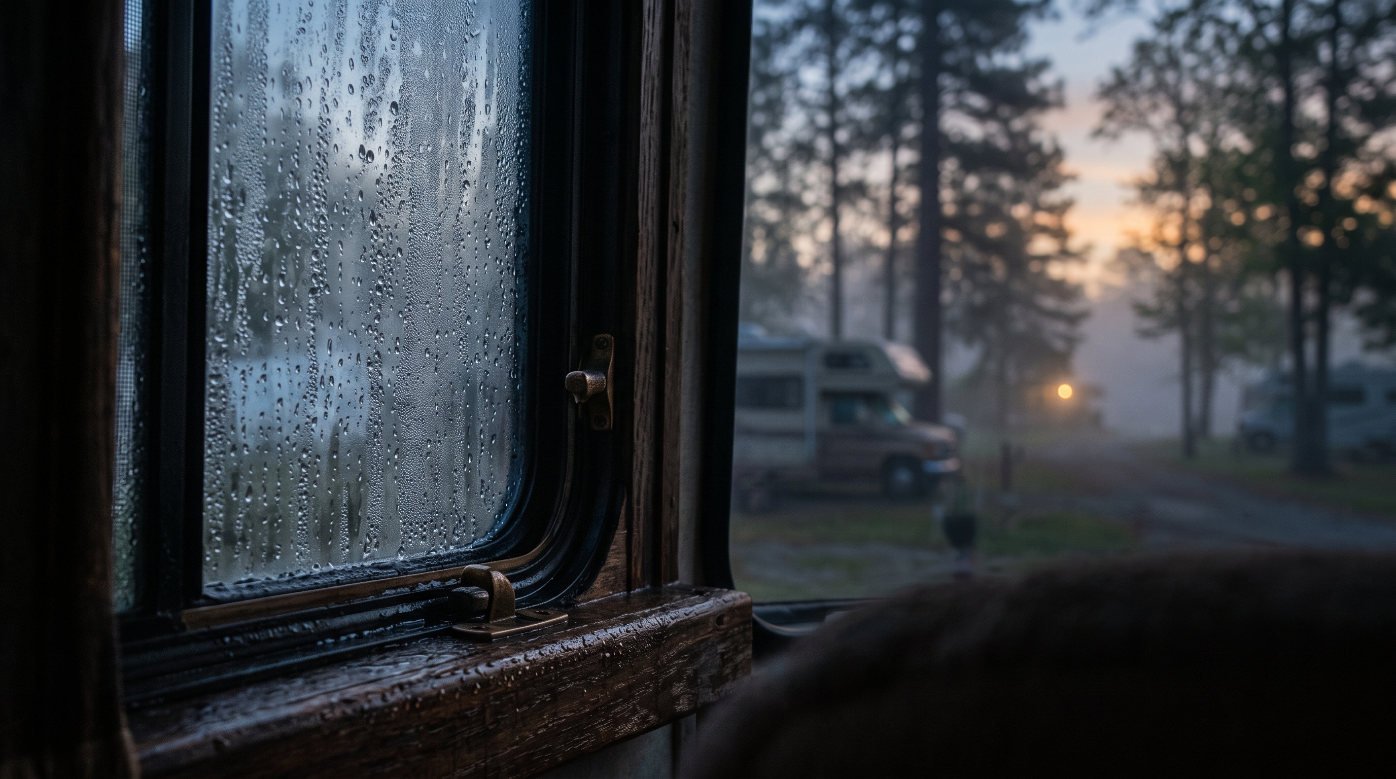 Condensation beaded on an RV window at dawn, foggy campground beyond