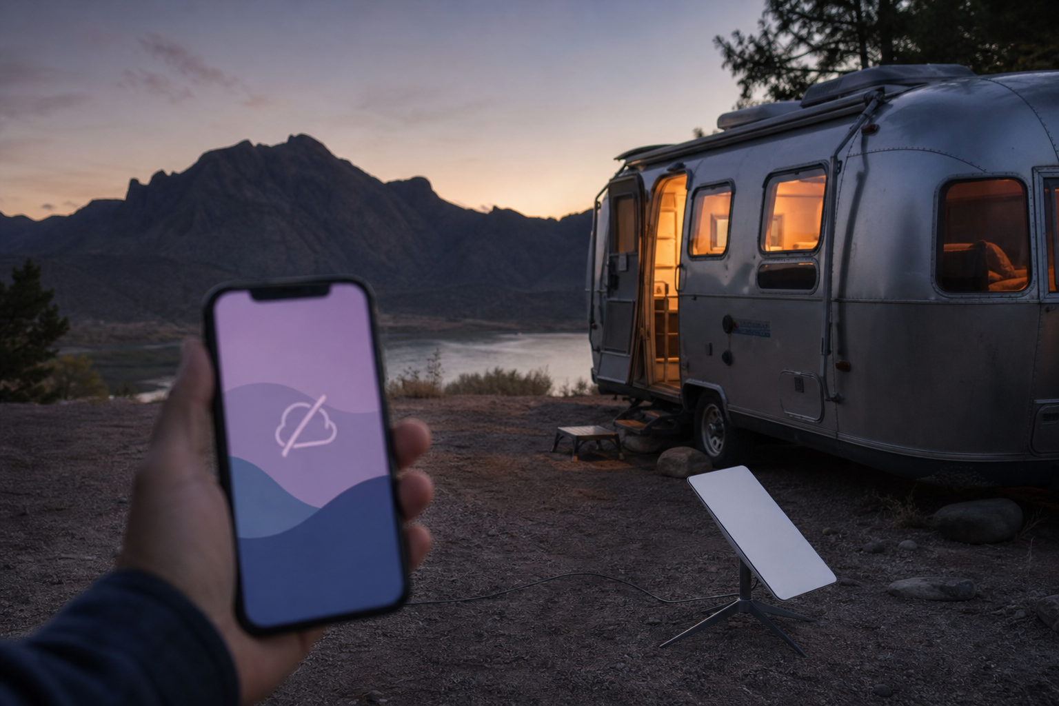 Boondocking campsite at dusk with a satellite dish and an offline warning on a phone