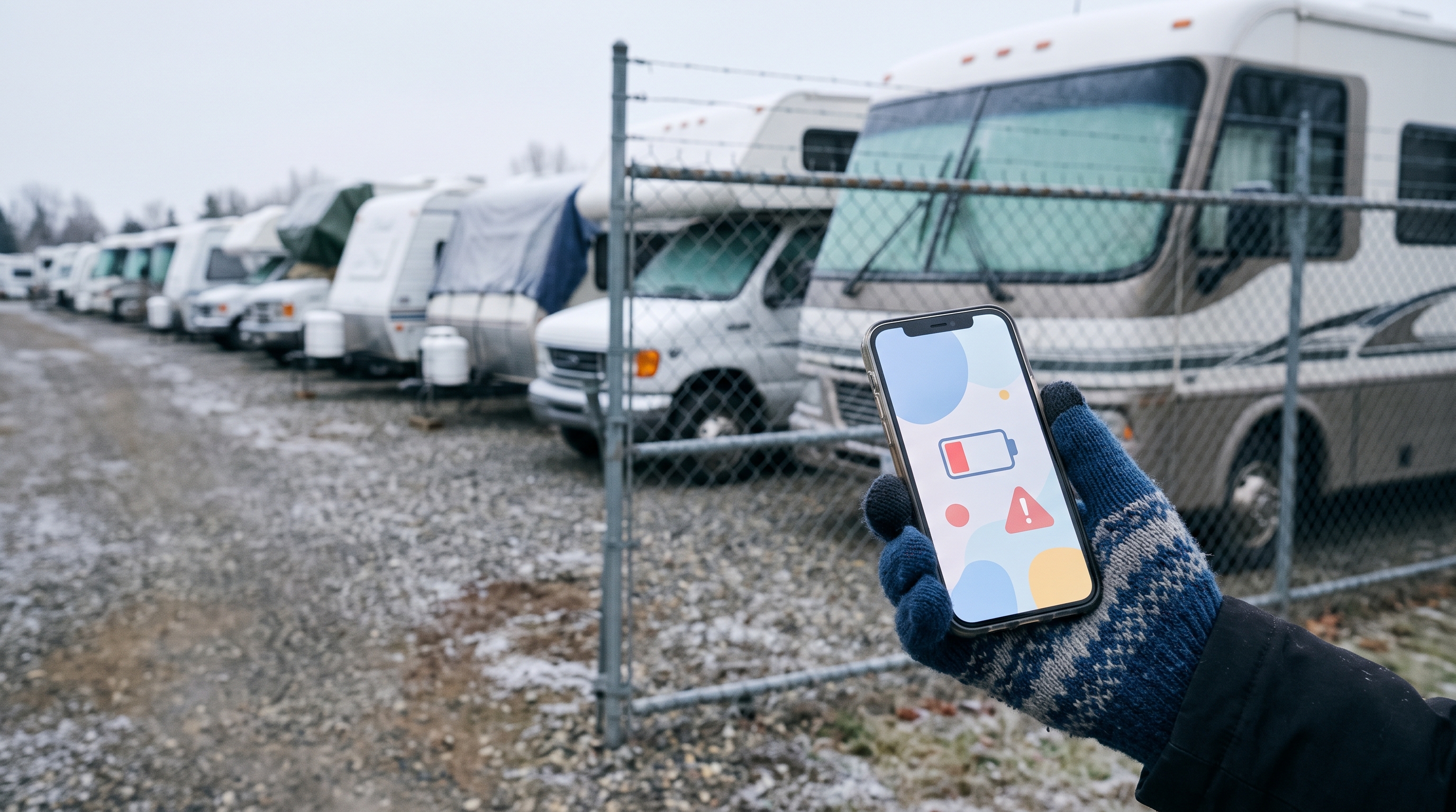 Rows of stored RVs behind a fence in winter, phone showing a battery warning