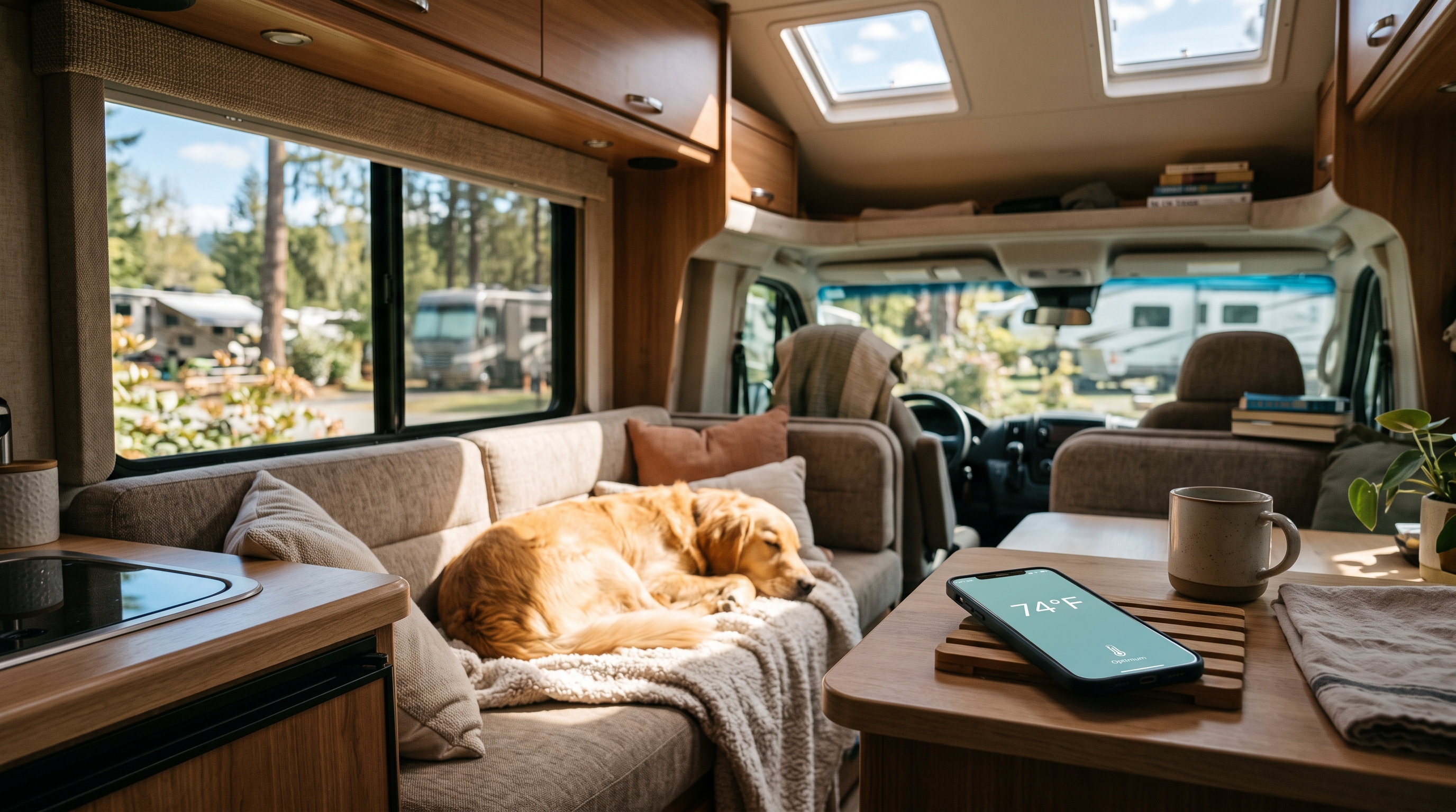 Dog dozing on an RV couch on a sunny day, phone on the counter reading 74°F