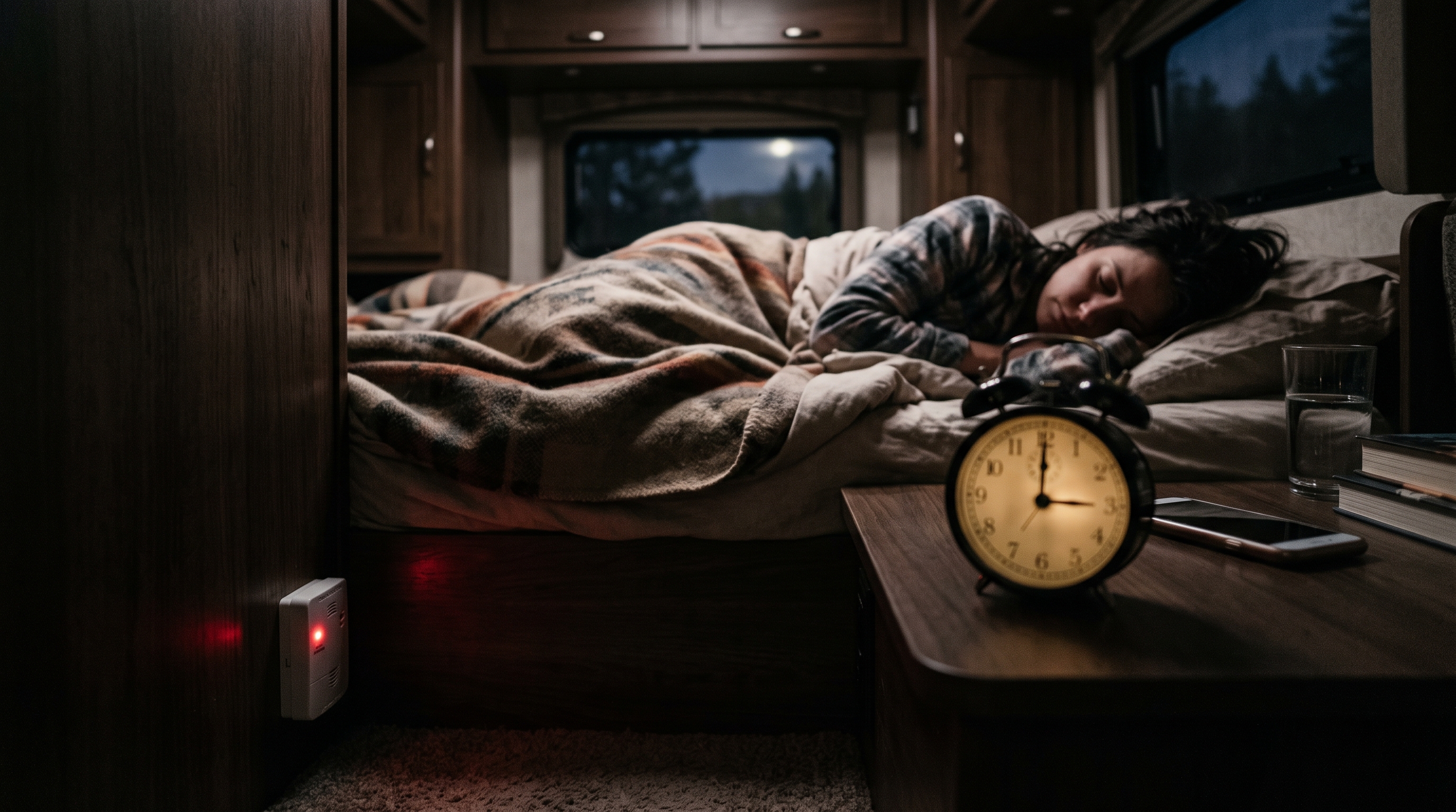 Dim RV interior at night, propane detector low on the wall with its red LED lit, alarm clock showing 3am