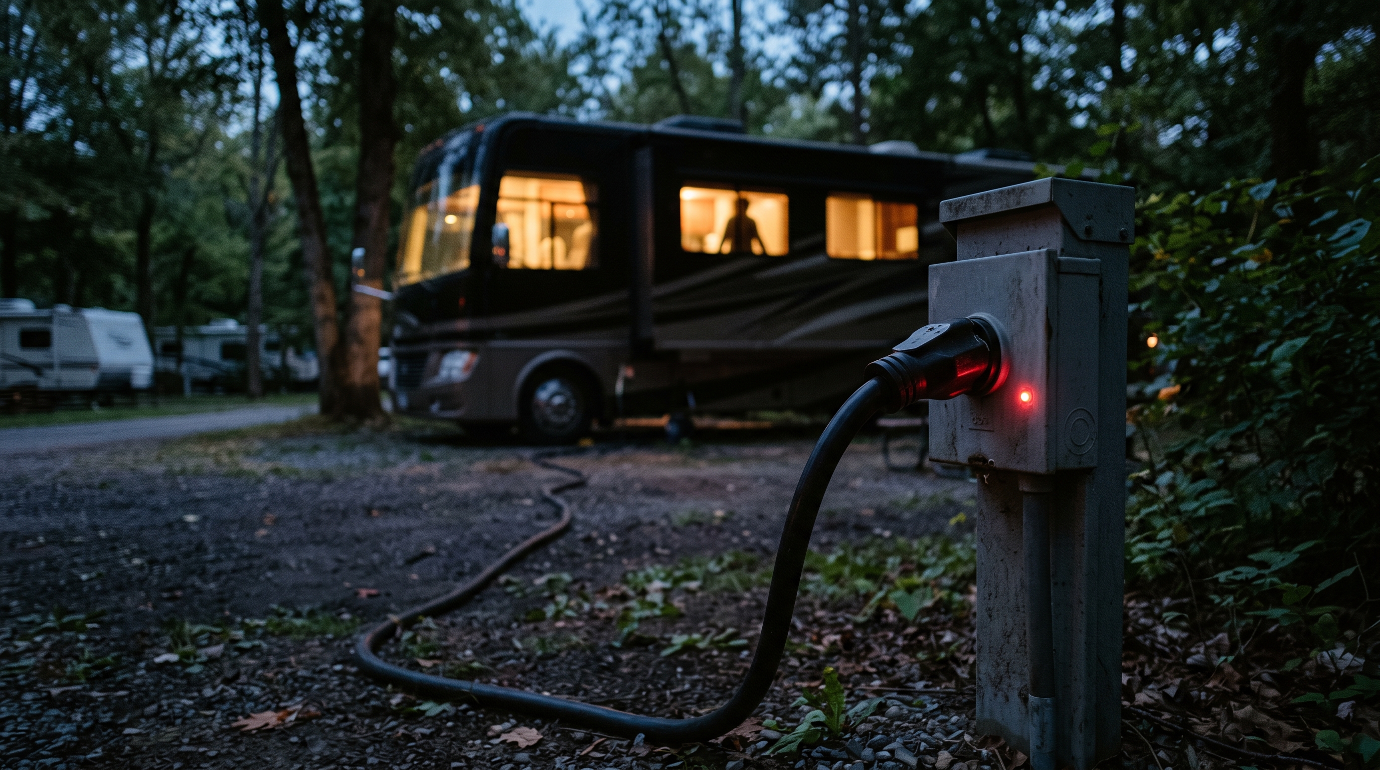 Campground power pedestal at dusk with a red indicator, RV lit softly behind