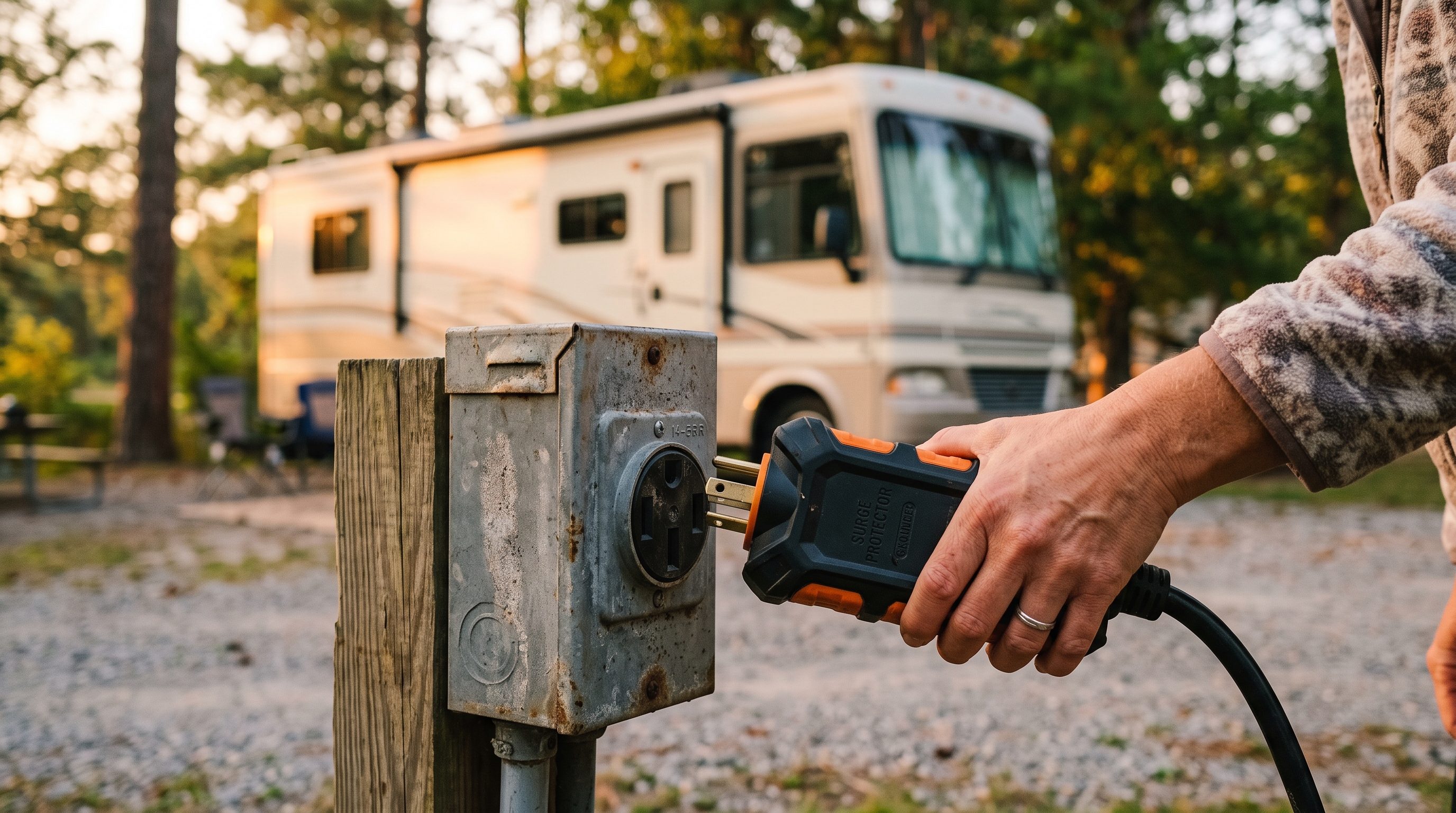 Hand plugging a portable EMS unit into a weathered campground power pedestal at golden hour