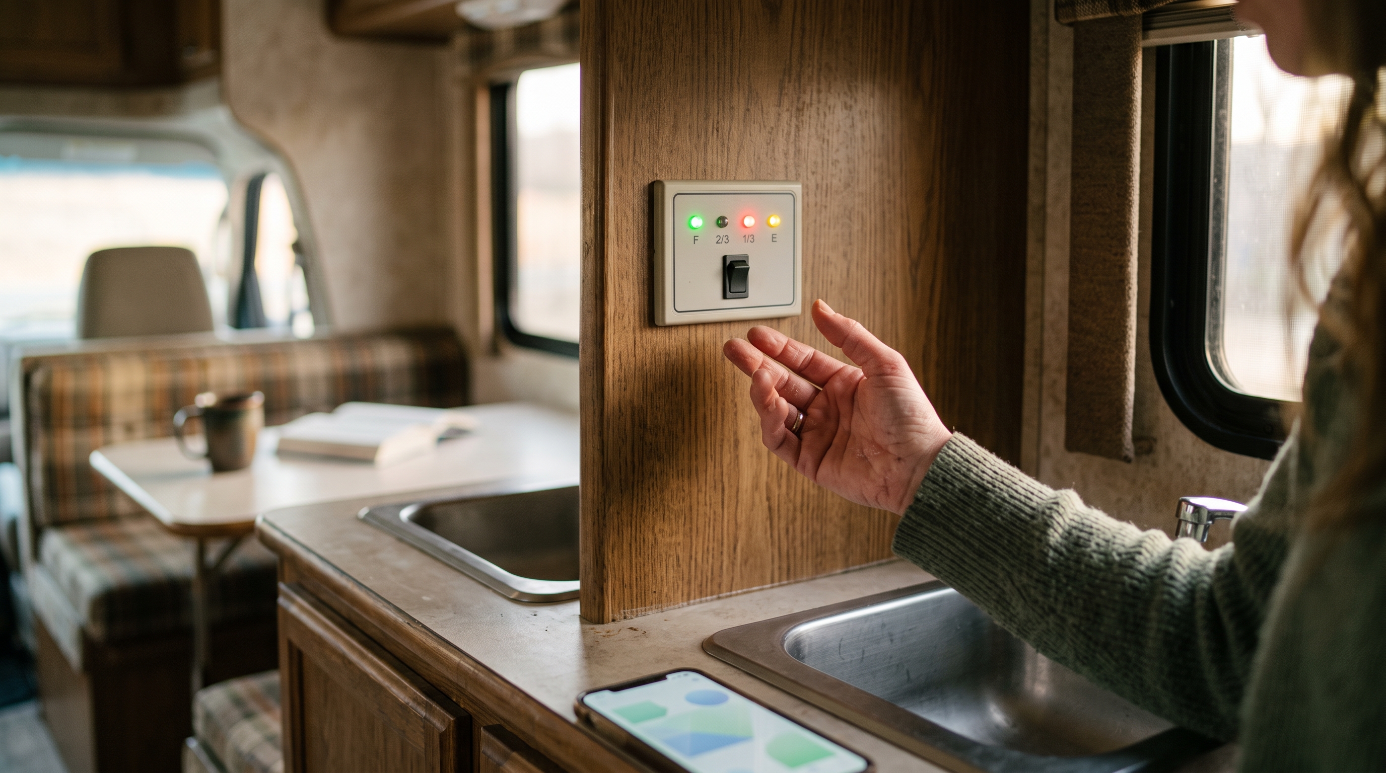 Hand hovering skeptically at an RV tank monitor panel showing contradictory readings