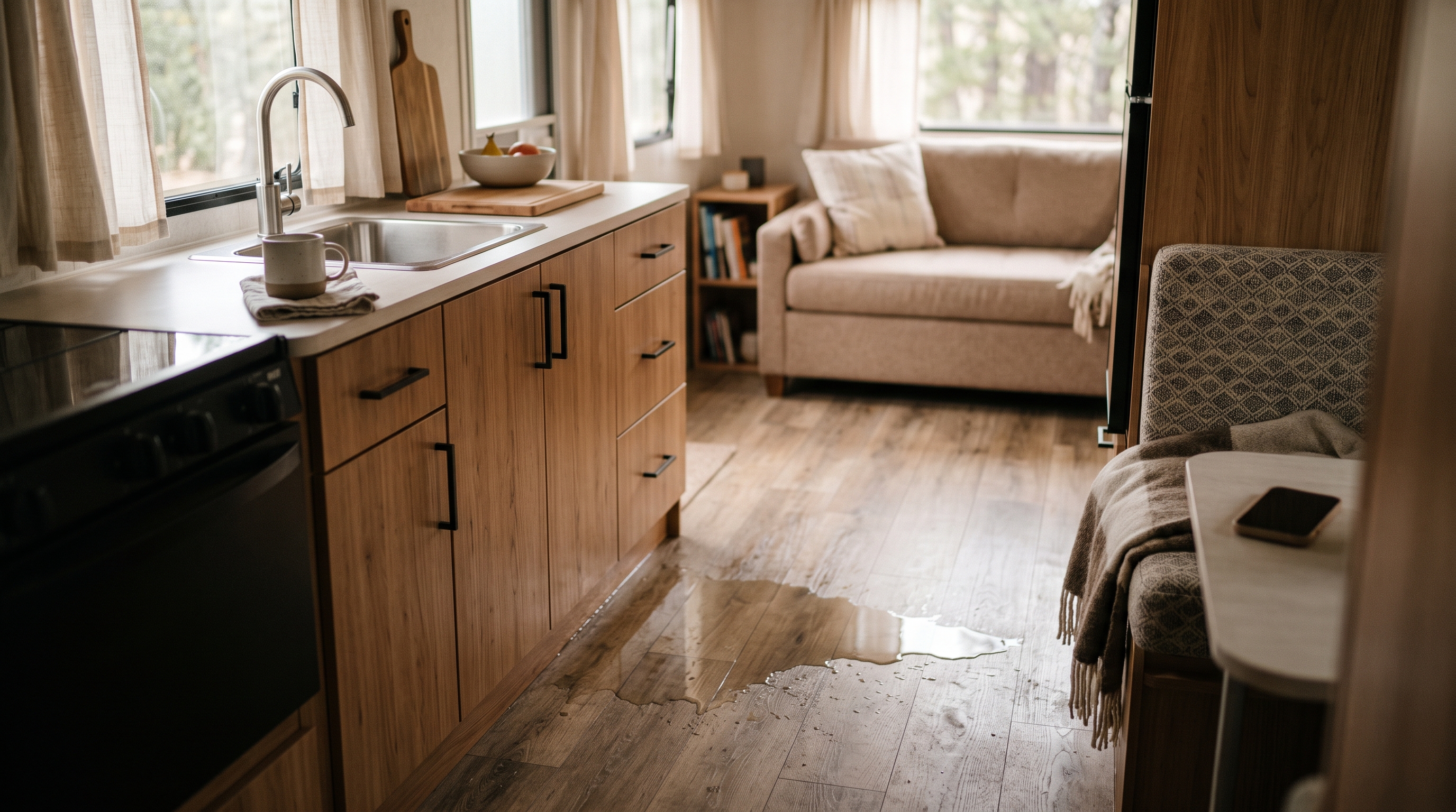 Water spreading across an RV galley floor from under a cabinet toe-kick in morning light