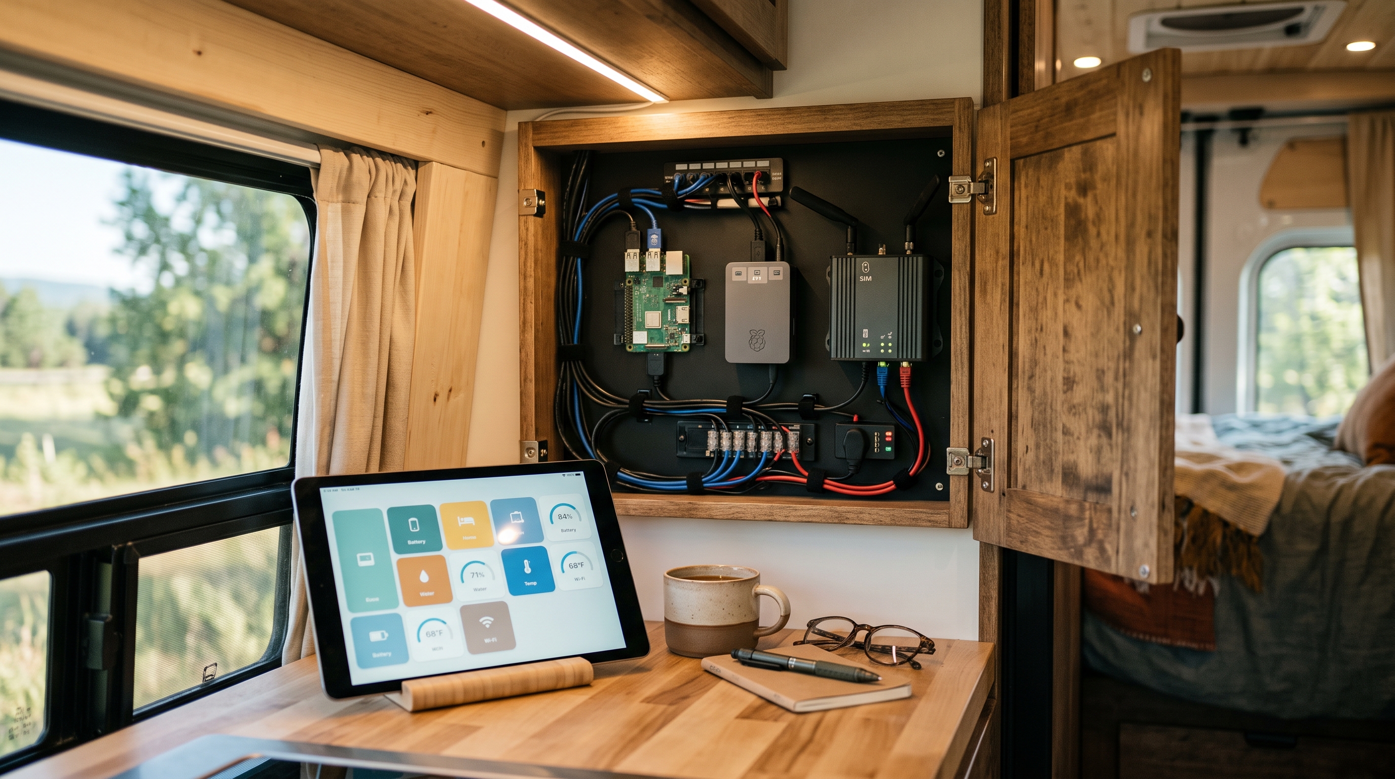RV tech cabinet with a mini computer and router, Home Assistant dashboard on a tablet
