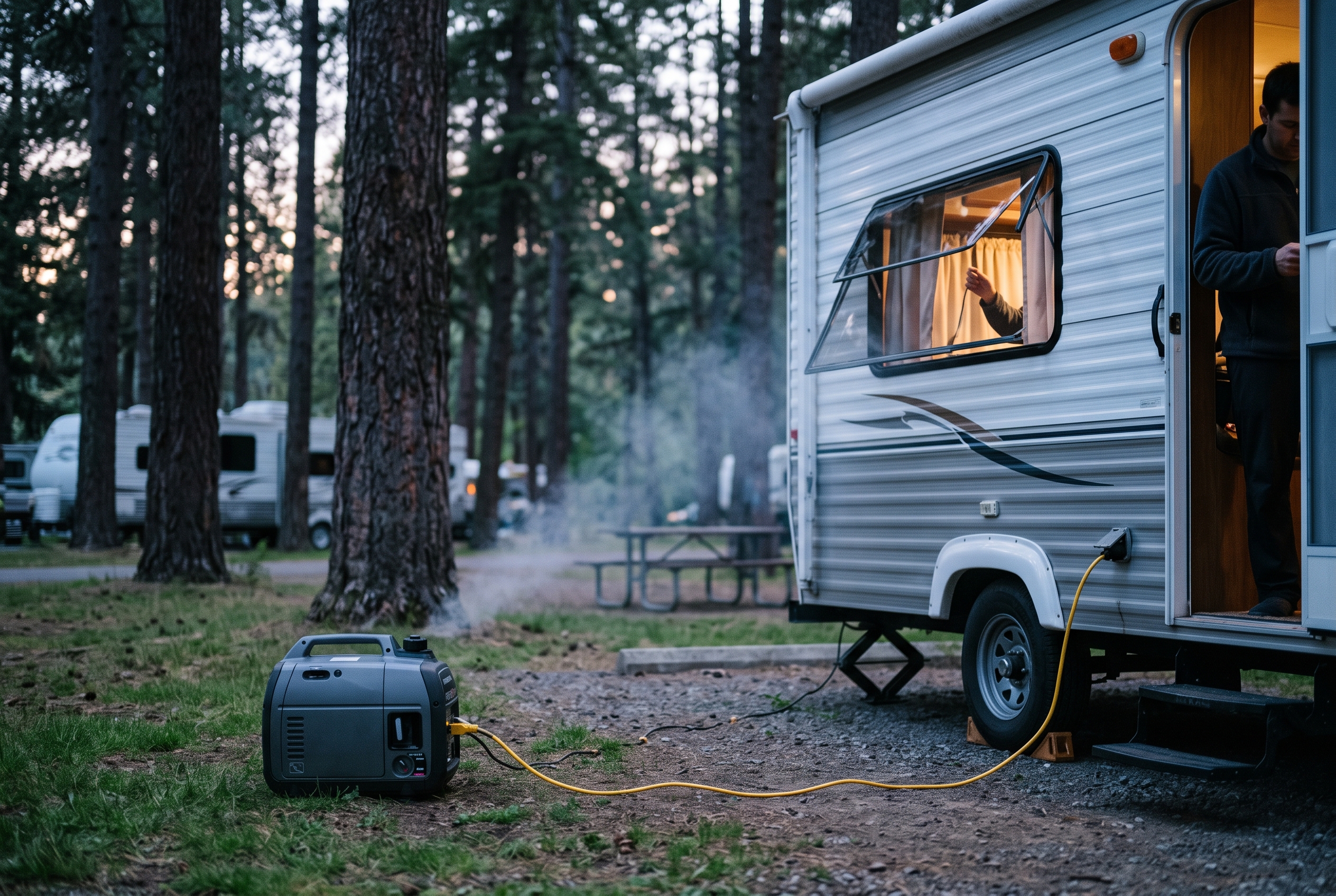 Portable generator running near an RV with an open window at dusk, exhaust drifting