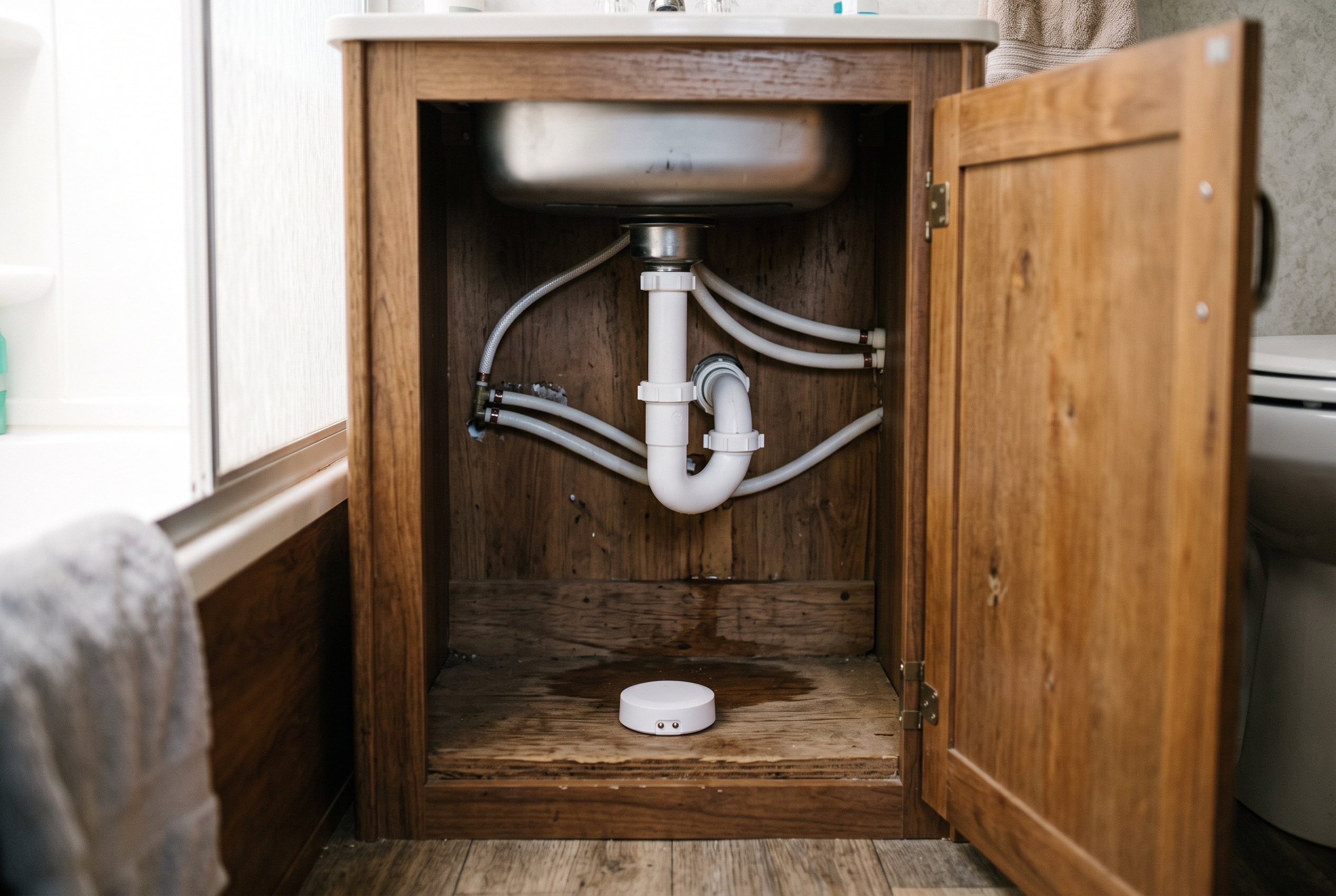A leak sensor sitting on the cabinet base under an RV bathroom sink, below the P-trap and supply lines