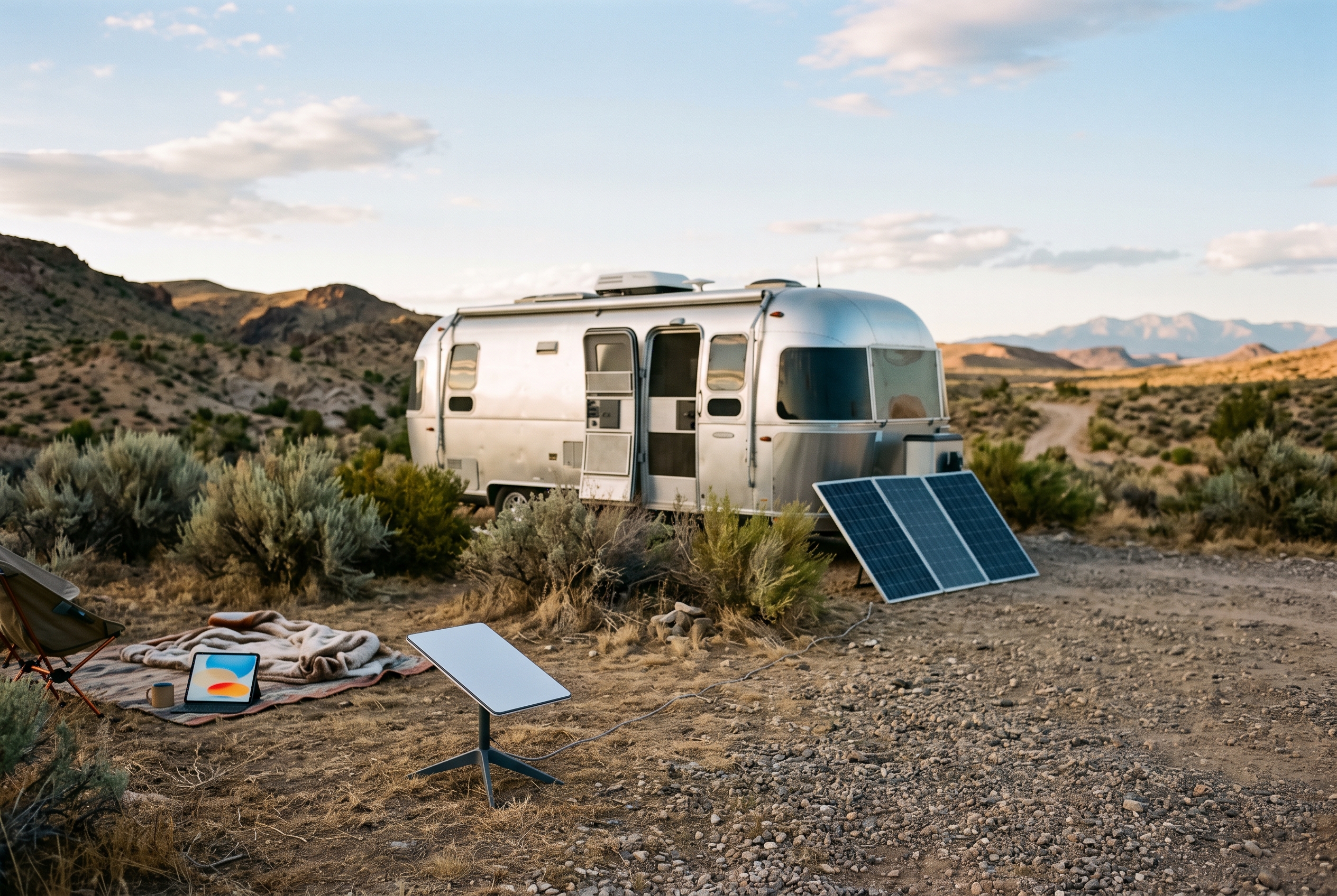Satellite internet dish and portable solar panels at an off-grid campsite
